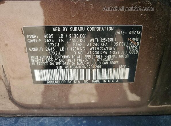 4S4BSAHC0K3230206 2019 SUBARU OUTBACK Brown Вид наклейки з VIN-кодом