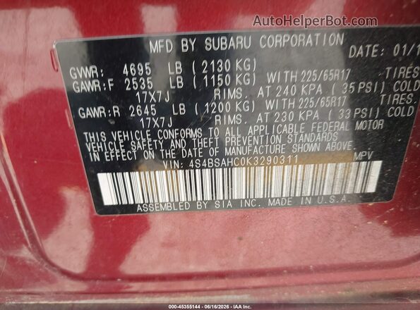 4S4BSAHC0K3290311 2019 SUBARU OUTBACK Burgundy Vista del compartimento del motor