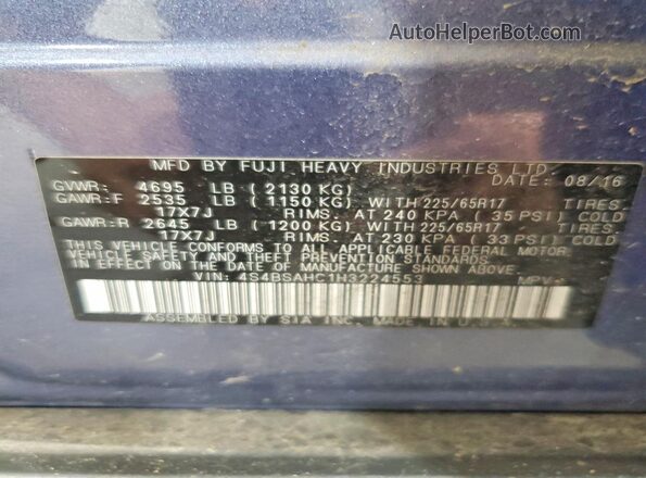 4S4BSAHC1H3224553 2017 SUBARU OUTBACK Blue 