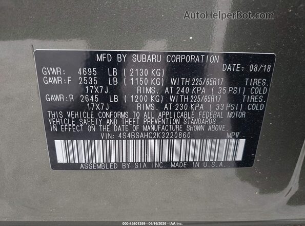 4S4BSAHC2K3220860 2019 SUBARU OUTBACK Green ძრავის განყოფილების ხედი