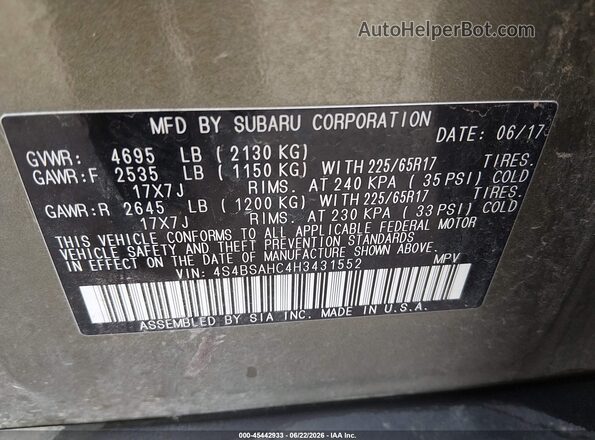 4S4BSAHC4H3431552 2017 SUBARU OUTBACK Зеленый Вид подкапотного пространства