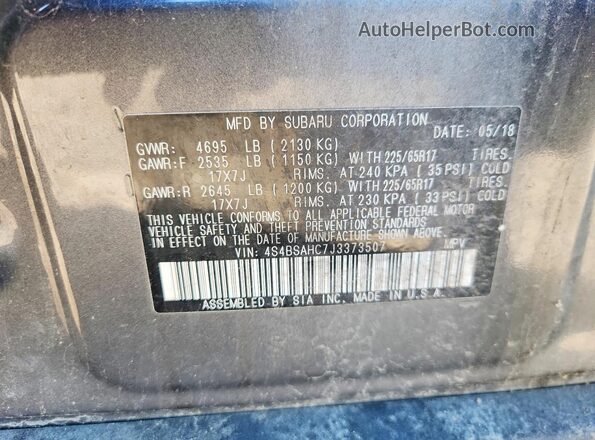 4S4BSAHC7J3373507 2018 SUBARU OUTBACK Gray 
