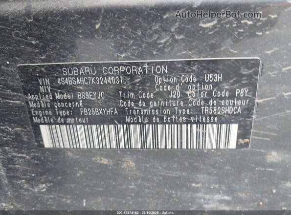 4S4BSAHC7K3244037 2019 SUBARU OUTBACK Gray ძრავის განყოფილების ხედი