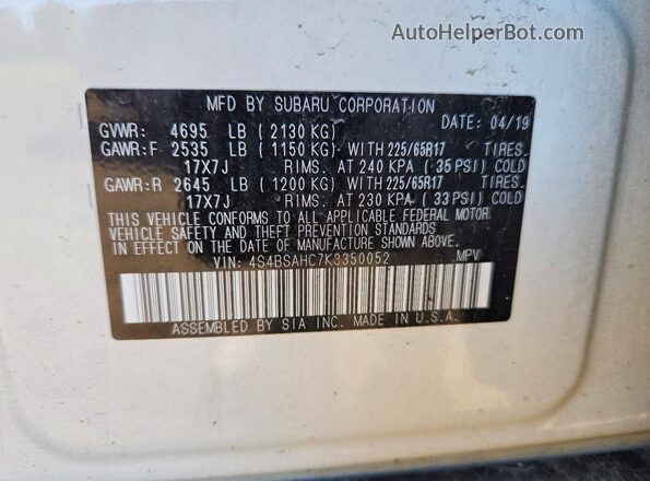 4S4BSAHC7K3350052 2019 SUBARU OUTBACK White Engine compartment view