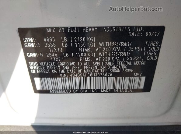 4S4BSAHC8H3378676 2017 SUBARU OUTBACK White ძრავის განყოფილების ხედი