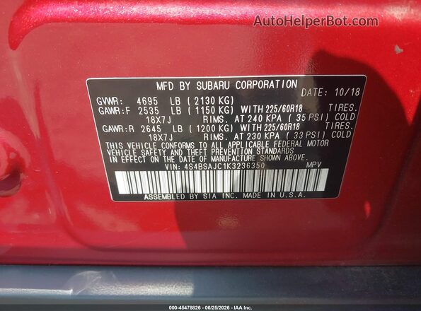 4S4BSAJC1K3236350 2019 SUBARU OUTBACK Burgundy Widok komory silnika