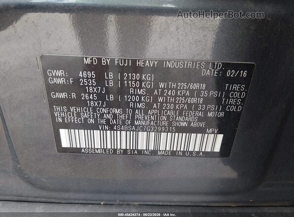 4S4BSAJC7G3299315 2016 SUBARU OUTBACK Gray ძრავის განყოფილების ხედი