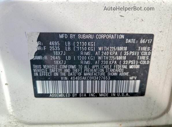 4S4BSAKC0H3427653 2017 SUBARU OUTBACK White 