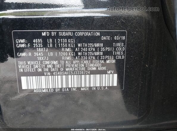 4S4BSAKC5J3336724 2018 SUBARU OUTBACK Black ძრავის განყოფილების ხედი