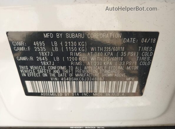 4S4BSAKC6J3348087 2018 SUBARU OUTBACK White Widok komory silnika