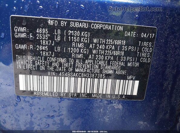 4S4BSAKC8H3387385 2017 SUBARU OUTBACK Blue ძრავის განყოფილების ხედი