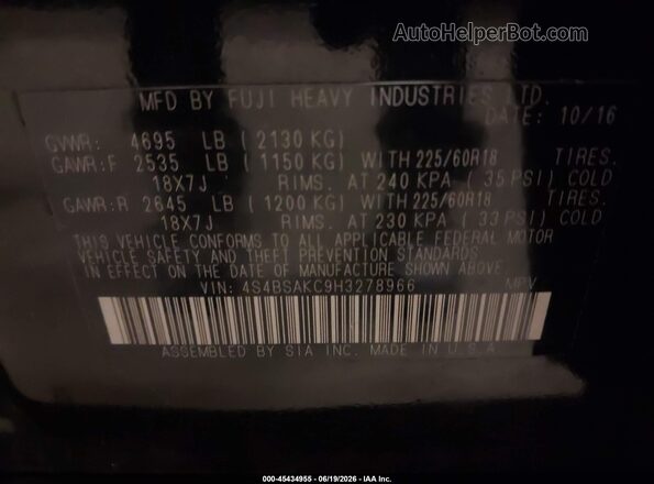 4S4BSAKC9H3278966 2017 SUBARU OUTBACK Black Engine compartment view