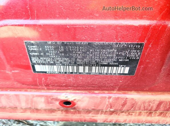 4S4BSALC0G3261812 2016 SUBARU OUTBACK Red 