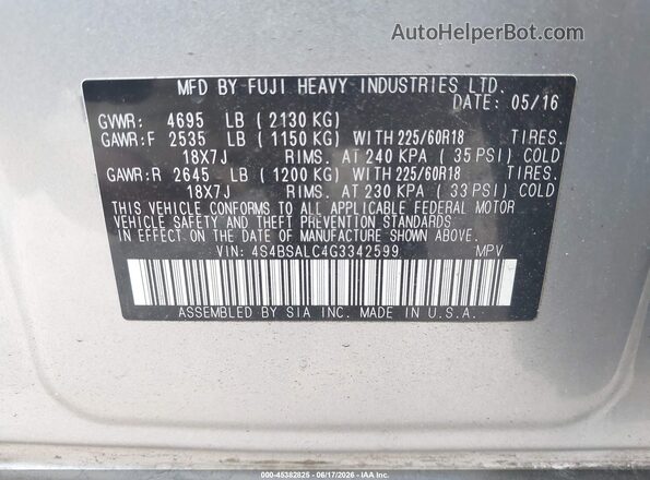 4S4BSALC4G3342599 2016 SUBARU OUTBACK Серебряный Вид подкапотного пространства
