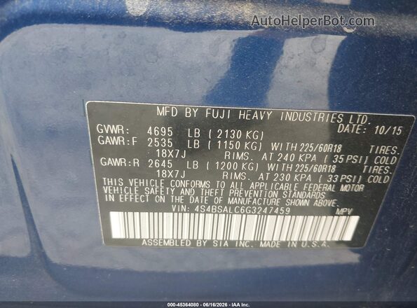 4S4BSALC6G3247459 2016 SUBARU OUTBACK Синий Вид подкапотного пространства