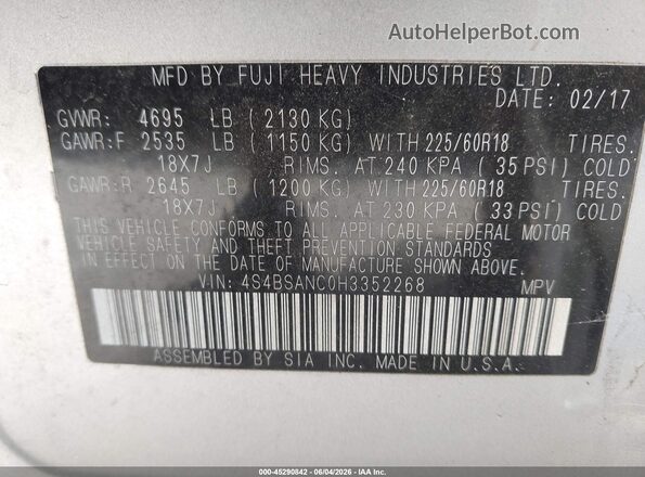 4S4BSANC0H3352268 2017 SUBARU OUTBACK Silver 