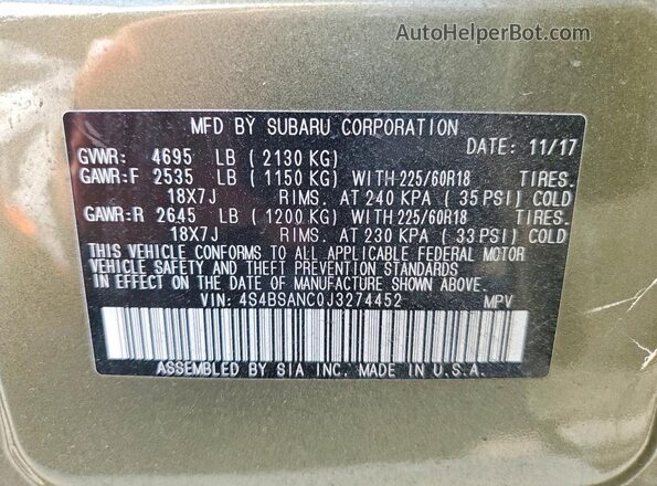 4S4BSANC0J3274452 2018 SUBARU OUTBACK Зеленый Панорамный вид салона 360°