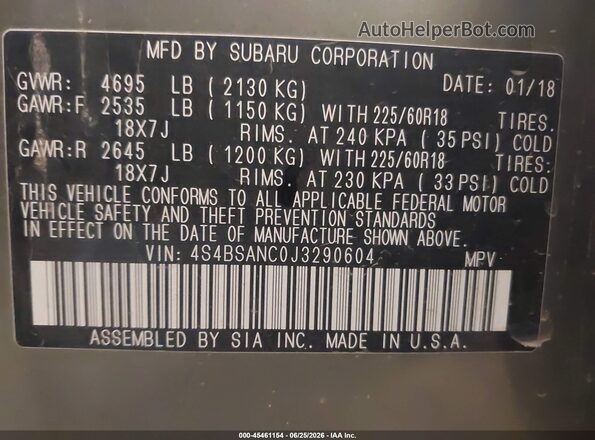 4S4BSANC0J3290604 2018 SUBARU OUTBACK Green Engine compartment view