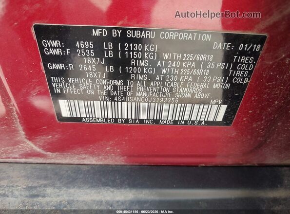 4S4BSANC0J3293356 2018 SUBARU OUTBACK Red Widok komory silnika