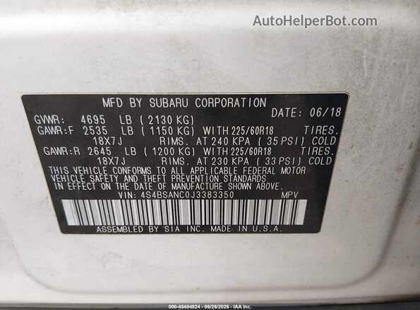 4S4BSANC0J3383350 2018 SUBARU OUTBACK Белый Вид подкапотного пространства