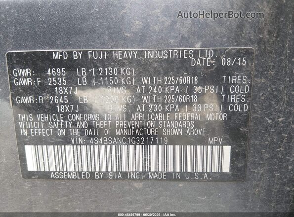4S4BSANC1G3217119 2016 SUBARU OUTBACK Gray Շարժիչի բաժամունքի տեսք