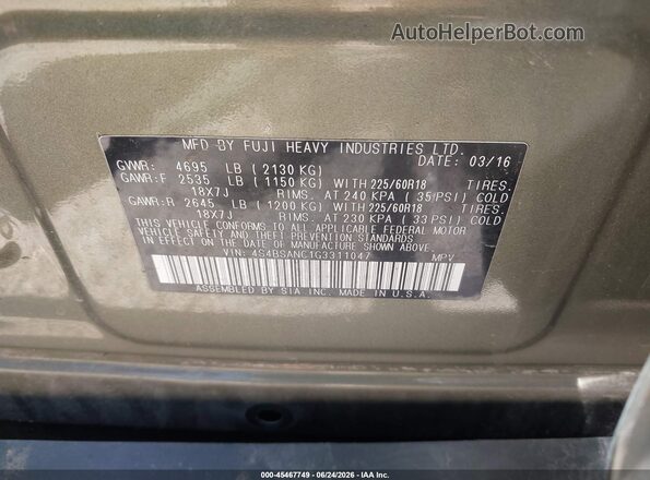 4S4BSANC1G3311047 2016 SUBARU OUTBACK Green Widok komory silnika