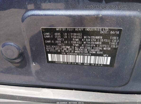 4S4BSANC1G3334859 2016 SUBARU OUTBACK Blue Вид підкапотного простору