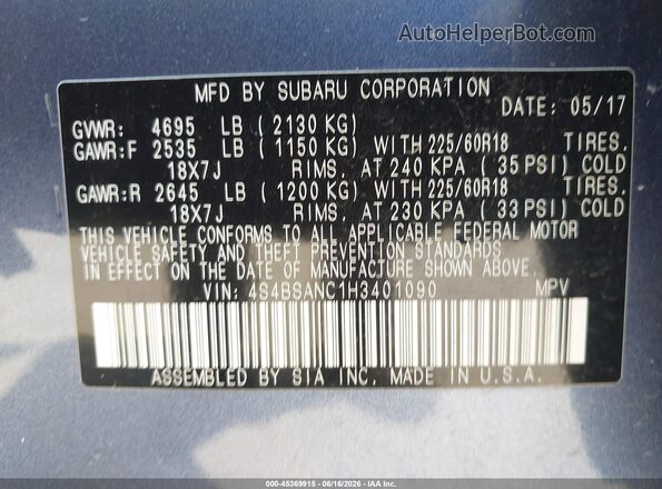 4S4BSANC1H3401090 2017 SUBARU OUTBACK Blue ძრავის განყოფილების ხედი