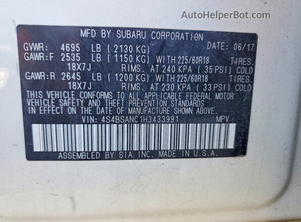 4S4BSANC1H3433991 2017 SUBARU OUTBACK White 360 interior view