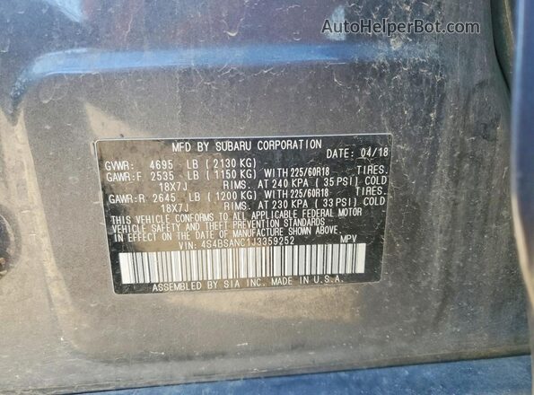 4S4BSANC1J3359252 2018 SUBARU OUTBACK Charcoal ძრავის განყოფილების ხედი