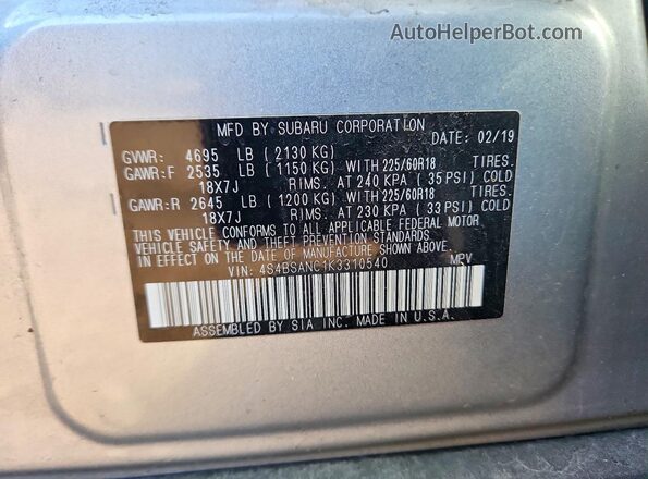 4S4BSANC1K3310540 2019 SUBARU OUTBACK Silver Vista de la etiqueta del VIN