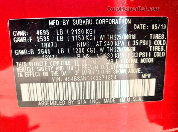 4S4BSANC1K3371354 2019 SUBARU OUTBACK Red Вид підкапотного простору
