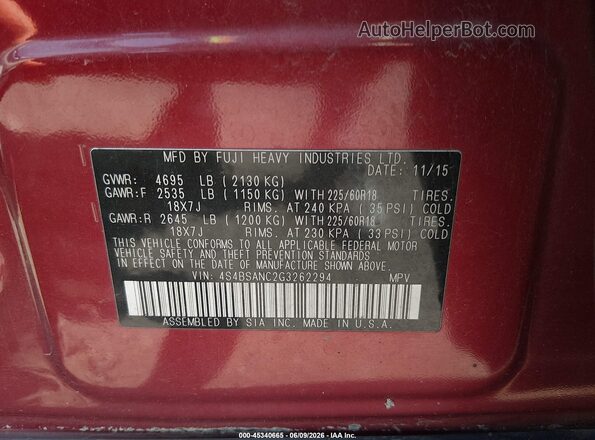 4S4BSANC2G3262294 2016 SUBARU OUTBACK Red Widok komory silnika