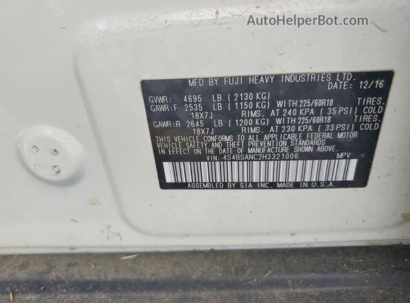 4S4BSANC2H3321006 2017 SUBARU OUTBACK Белый 