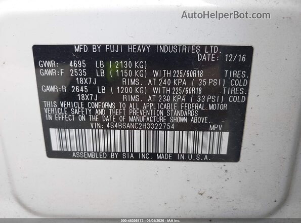 4S4BSANC2H3322754 2017 SUBARU OUTBACK White 