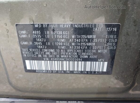 4S4BSANC2H3323094 2017 SUBARU OUTBACK Green Widok komory silnika
