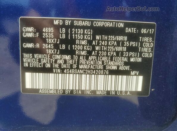 4S4BSANC2H3420876 2017 SUBARU OUTBACK Blue VIN კოდის სტიკერის ხედი