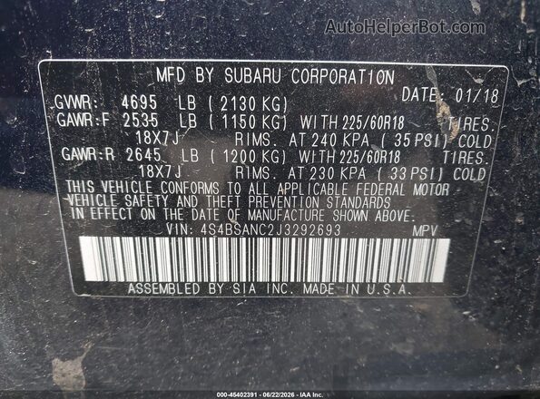 4S4BSANC2J3292693 2018 SUBARU OUTBACK Dark Blue Engine compartment view