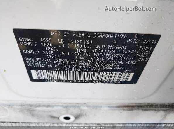4S4BSANC2J3314871 2018 SUBARU OUTBACK White ძრავის განყოფილების ხედი