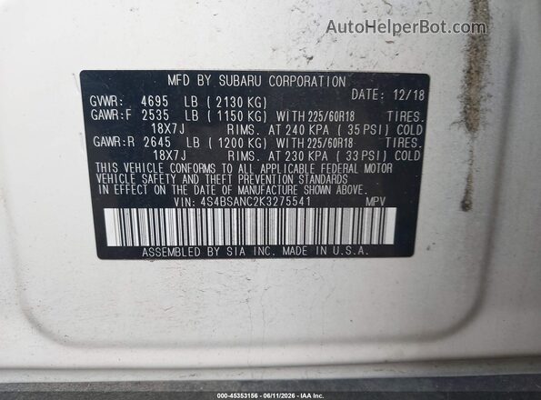 4S4BSANC2K3275541 2019 SUBARU OUTBACK Белый Вид подкапотного пространства
