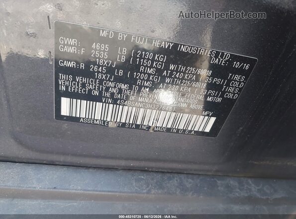 4S4BSANC3H3276481 2017 SUBARU OUTBACK Gray Widok komory silnika