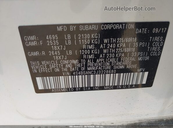4S4BSANC3J3228680 2018 SUBARU OUTBACK White Engine compartment view