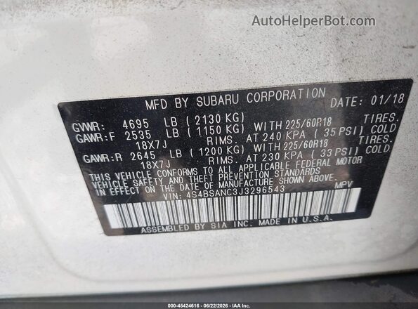 4S4BSANC3J3296543 2018 SUBARU OUTBACK White Vista del compartimento del motor