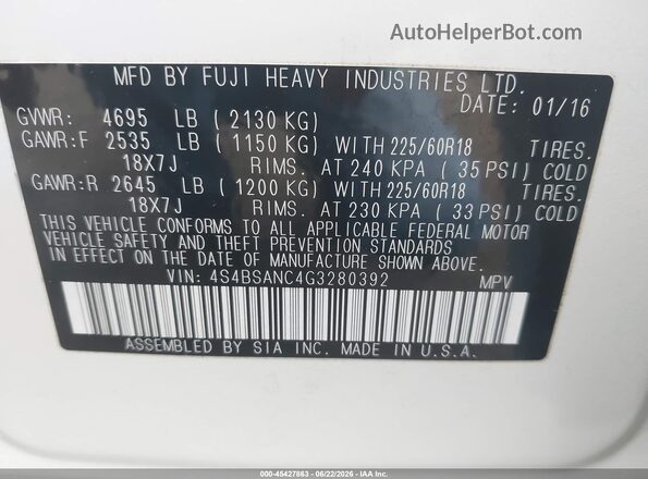 4S4BSANC4G3280392 2016 SUBARU OUTBACK White Vista del compartimento del motor