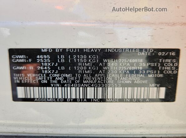 4S4BSANC4G3302553 2016 SUBARU OUTBACK White VIN sticker view