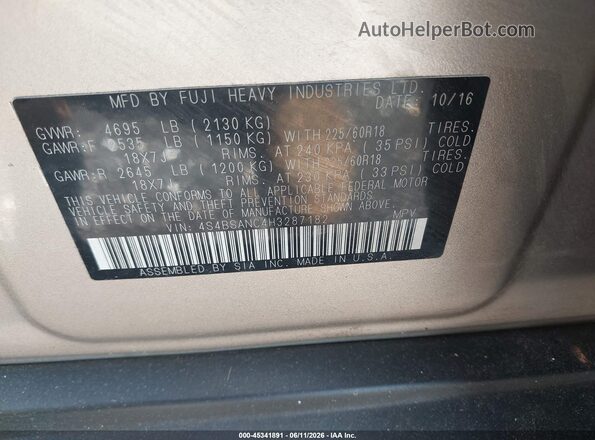 4S4BSANC4H3287182 2017 SUBARU OUTBACK Серебряный Вид подкапотного пространства
