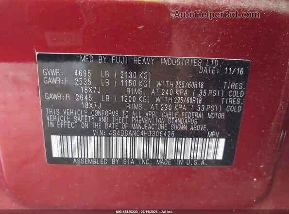 4S4BSANC4H3306426 2017 SUBARU OUTBACK Red Вид підкапотного простору