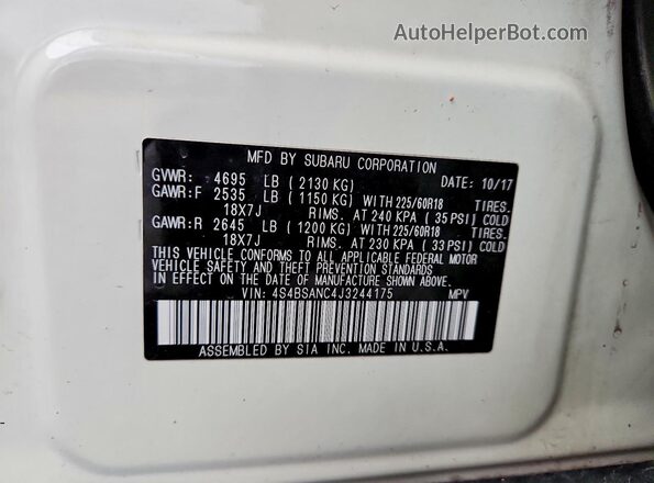 4S4BSANC4J3244175 2018 SUBARU OUTBACK Белый Вид наклейки с VIN-кодом