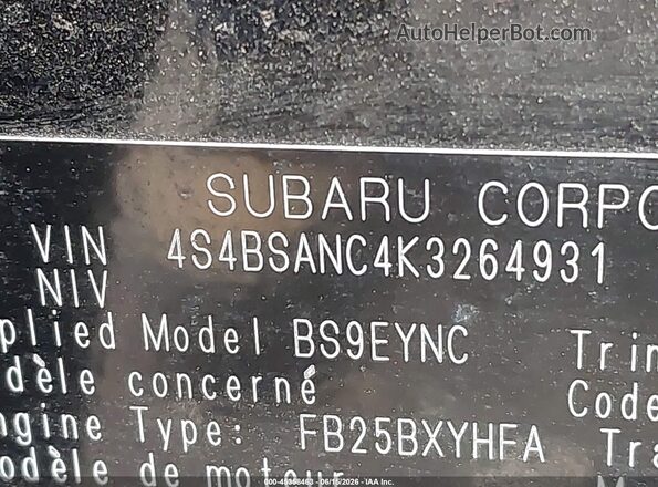 4S4BSANC4K3264931 2019 SUBARU OUTBACK Black Vista del compartimento del motor