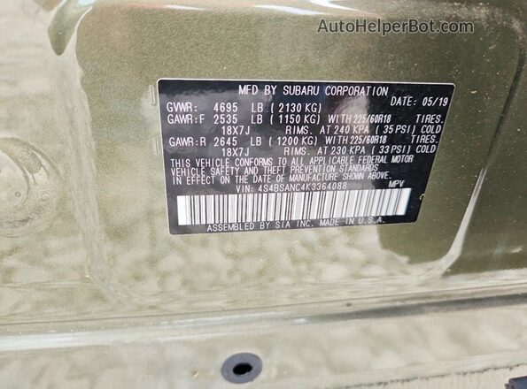 4S4BSANC4K3364088 2019 SUBARU OUTBACK Зеленый Панорамный вид салона 360°